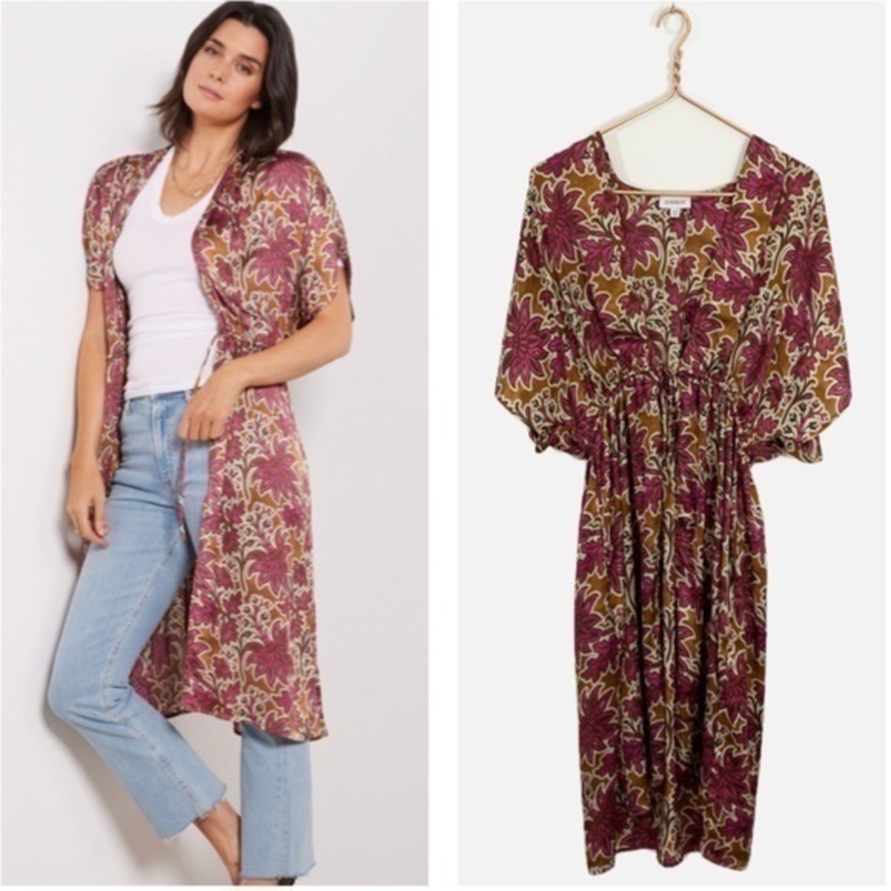 Evereve XS/S Satin Paisley Toni Wrap Kimono Duster Tie‎ Front Pockets Boho